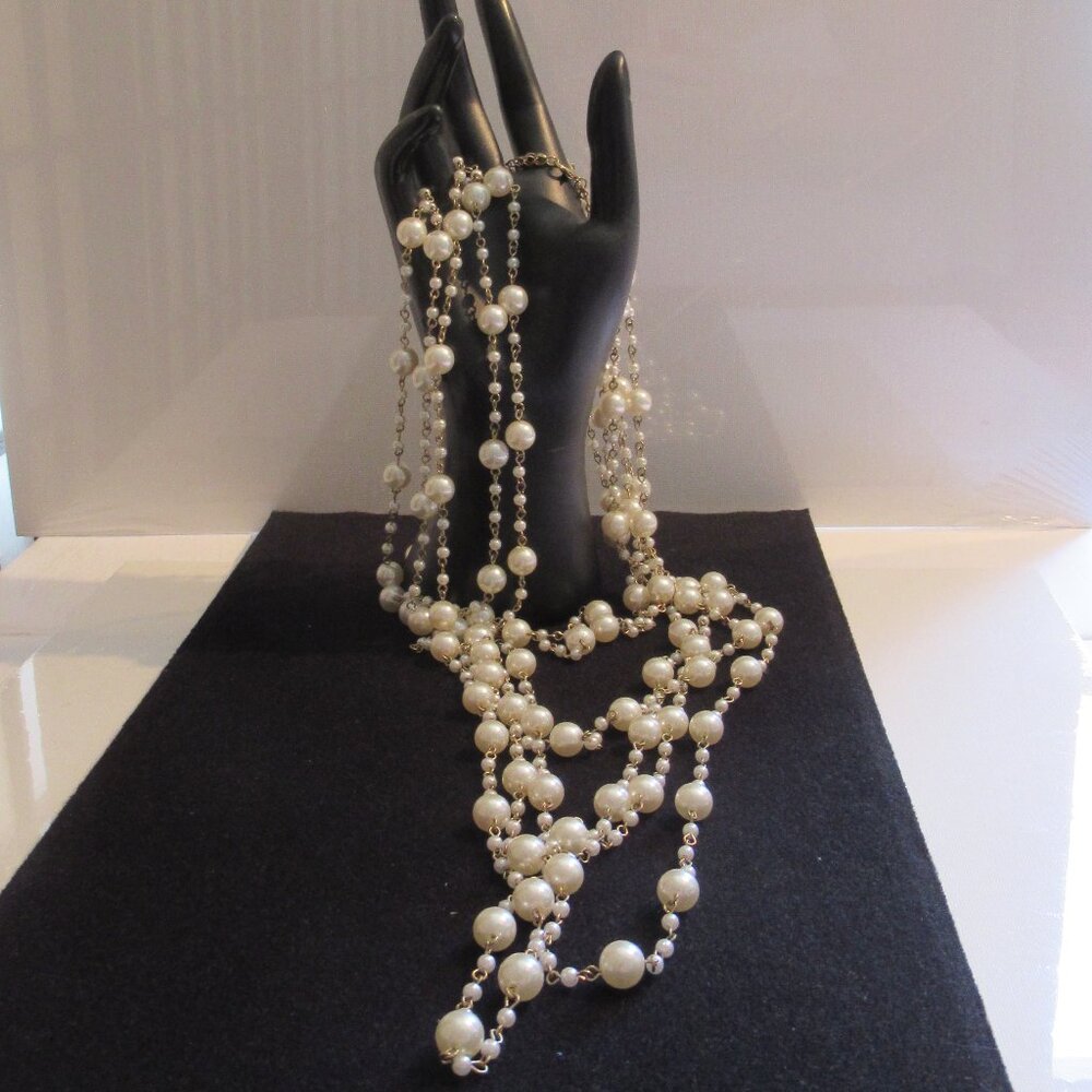 6 Strands, Champagne Pearl Necklace, Gold, 20" Long, Luxury, Faux,